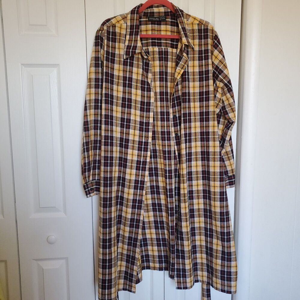 Plaid Duster Long Sleeve Yellow Black Grunge Layer Dress Button 1X 100% Cotton
